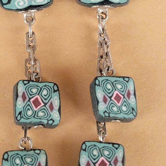 Handmade Polymer Clay Dangle Earrings Teal Pink Black Geometric Pattern Pierced - Picture 4 of 12